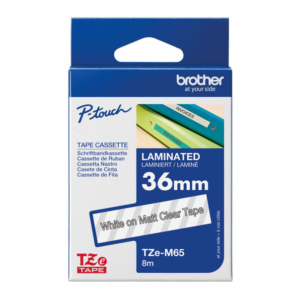 Brother P-Touch TZe Matt Lam Tape Cassette 36mm x 8m White on Clear Tape TZE-M65