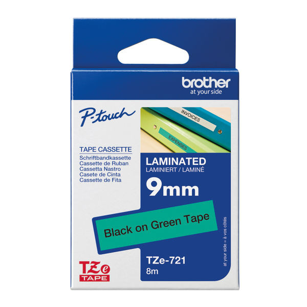 Brother P-Touch TZe Lam Tape Cassette 9mm x 8m Black on Green TapeTZE721