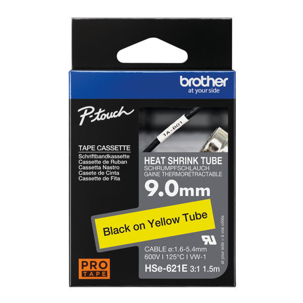 Brother HSe Heat Shrink Tube Tape Cassette 9.0mm x 1.5m Black on Yellow HSe621E