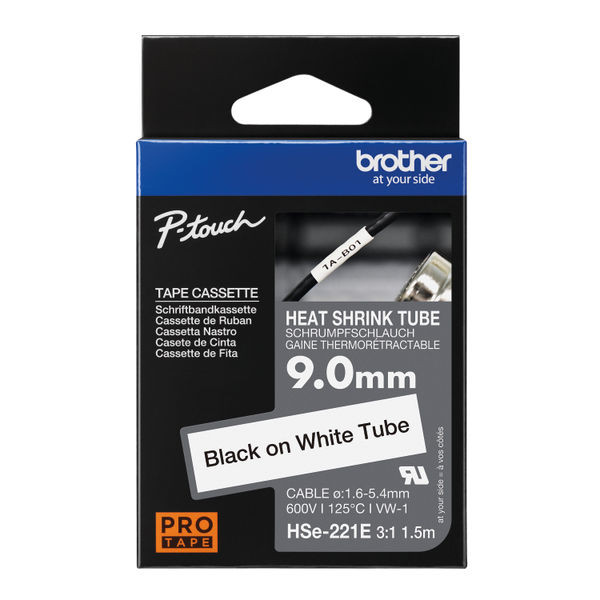 Brother HSe Heat Shrink Tube Tape Cassette 9.0mmx 1.5m Black on White HSe221E