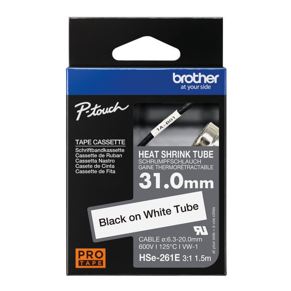 Brother HSe Heat Shrink Tube Tape Cassette 31.0mm x 1.5m Black on White HSe261E