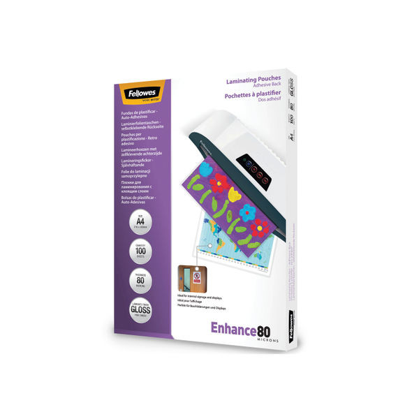 Fellowes Enhance80 Self Adhesive Laminating Pouch A4 160 Micron Total Gloss (Pack of 100) 53022