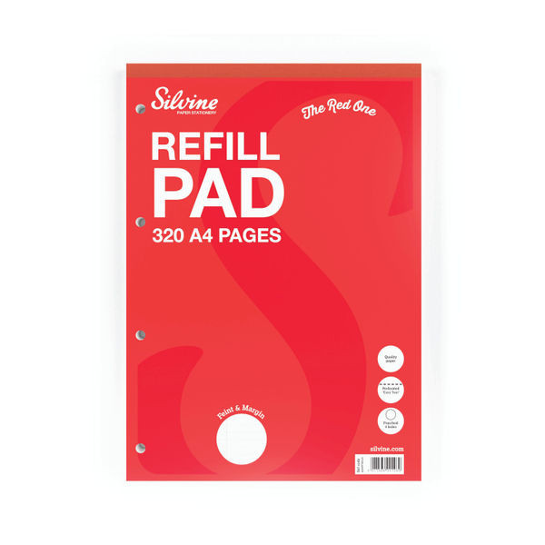 Silvine Refill Pad 320 Pages Ruled with Margin Perforated Punched 4 Holes A4 (Pack of 3) A4RPFM320