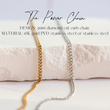 3mm diamond cut curb chain in 18k gold PVD on stainless steel, or silver-toned stainless steel