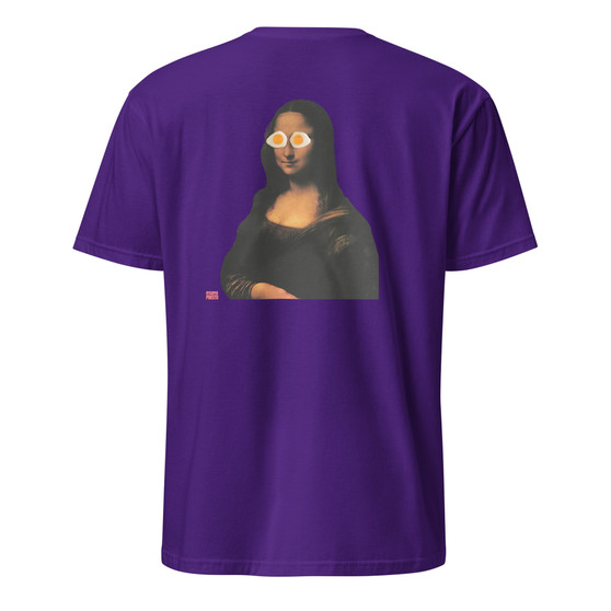 Mona Lisa with candy eyes on a purple men's t-shirt - playful art collage