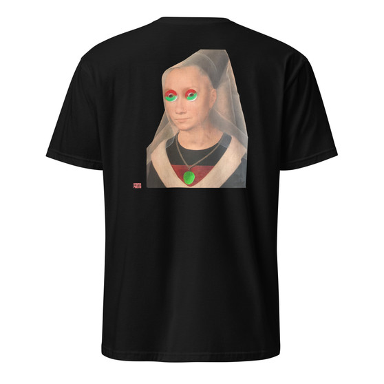 Portrait of a person with candy eyes and necklace on a black unisex t-shirt - playful art collage