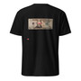 A dollar bill remixed with TripAdvisor ecstasy pills on a brown men's t-shirt