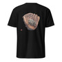 Tanned leather baseball glove catching a marijuana bud on a black men's t-shirt