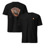 Tanned leather baseball glove catching a marijuana bud on a black men's t-shirt