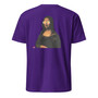 Mona Lisa with candy eyes on a purple men's t-shirt - playful art collage