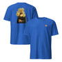 Mona Lisa with tagliatelle pasta on a royal blue men's t-shirt - playful art collage