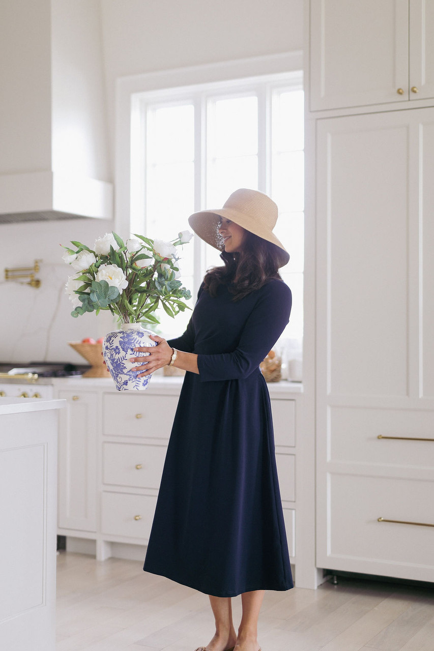 navy blue modest dress Laleh Navy Blue Embroidered Chiffon Modest Long Maxi Dress | Modest Muslim  Dresses main image 0