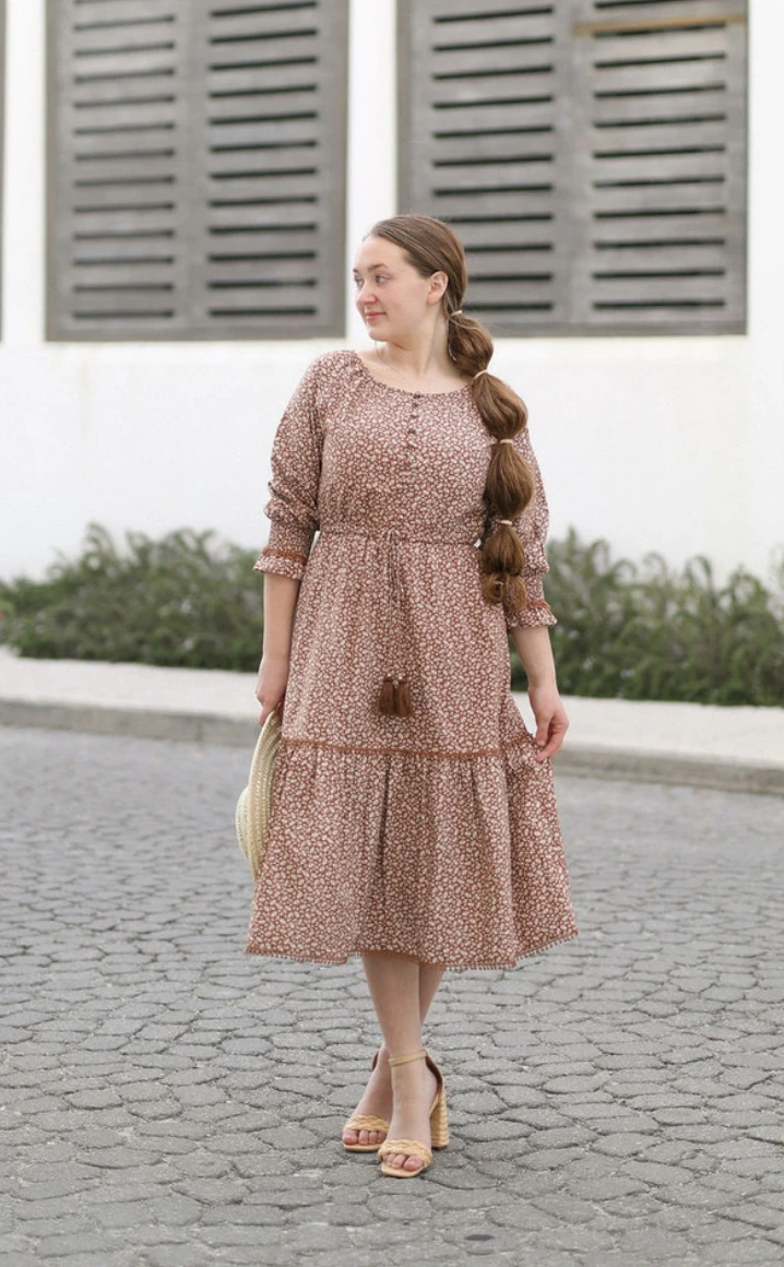brown dresses modest Afternoon Adventures Dress Large This chic dress will CHAMPAGNE-GOLD TOSE]Side String Dress Blue Select Pant's Waist  Size:36W
