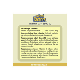 Natural Factors SunVitamin D3 2500IU 360Sgel Ingredients | Optimize Nutrition