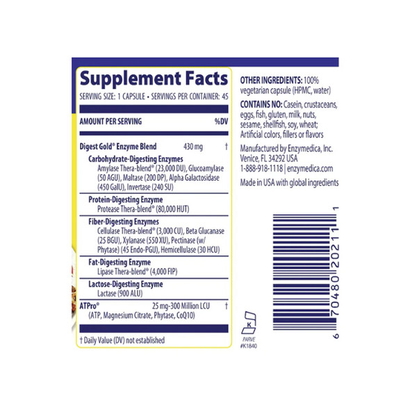 Enzymedica Digest Gold 90Cap Ingredients | Optimize Nutrition