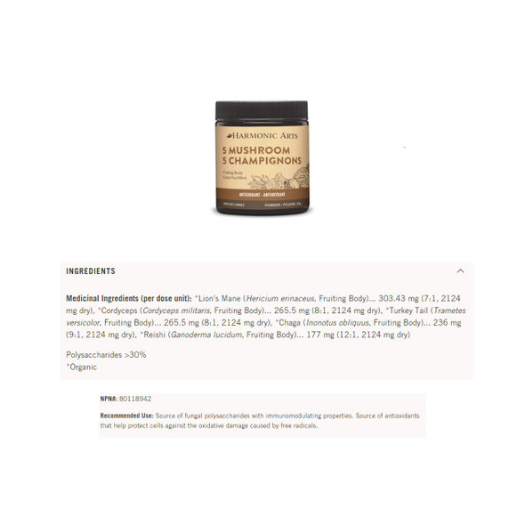 Harmonic Arts 5 Mushroom Concentrate Ingredients | Optimize Nutrition