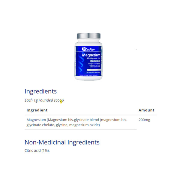 CanPrev Magnesium Bis-Glycinate Powder  200mg 120g Ingredients | Optimize Nutrition