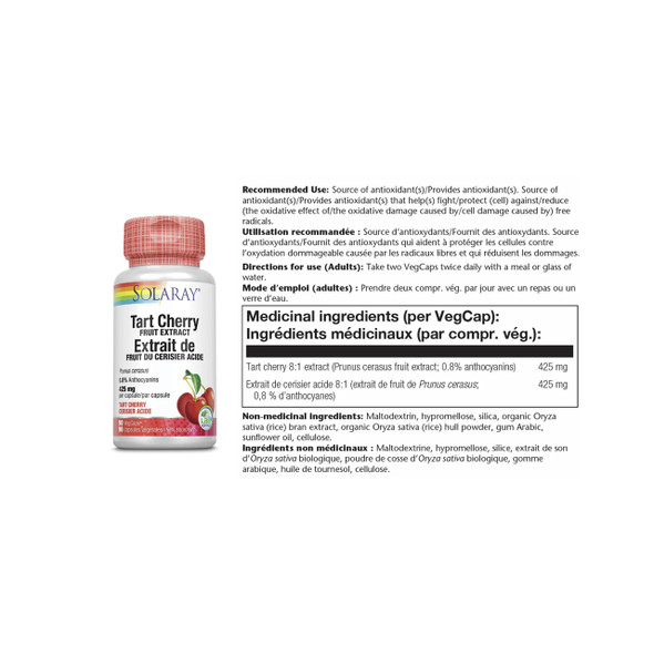 Solaray Tart Cherry Fruit Extract 425mg 90Vcap Ingredients | Optimize Nutrition