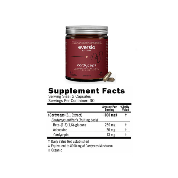 Eversio Wellness Organic Cordyceps 8:1 500mg 60Vcap Glass Jar Ingredients | Optimize Nutrition