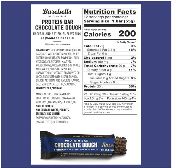 Barebells Protein Bar 12 pack Chocolate Dough Nutrition Facts | Optimize Nutrition