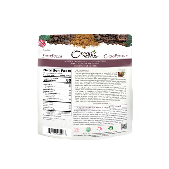 Organic Traditions Cacao Powder 227g Nutritional Facts | Optimize Nutrition