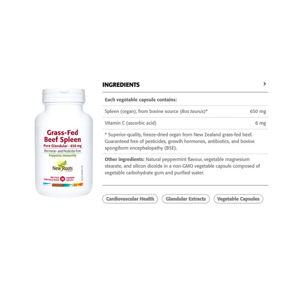 New Roots Grass Fed Beef Spleen Raw Glandular Nutritional Facts