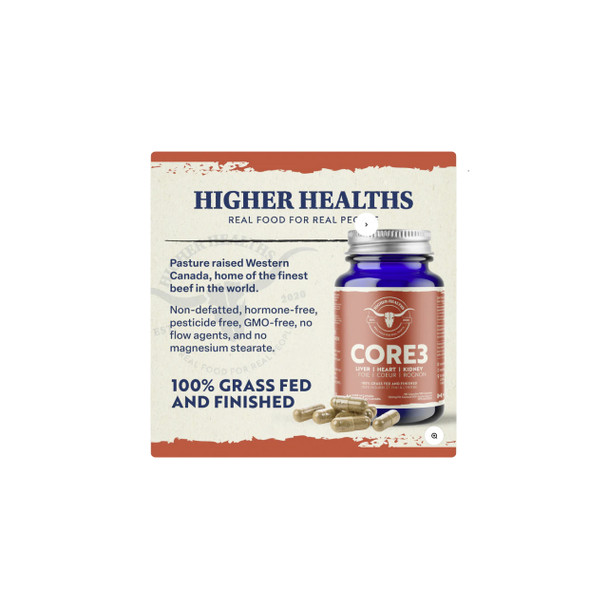 Higher Health's CORE3 180Cap Grass Fed Beef Liver, Heart, and Kidney | Optimize Nutrition