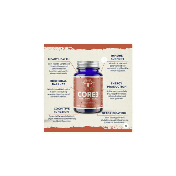Higher Health's CORE3 180Cap Grass Fed Beef Liver, Heart, and Kidney | Optimize Nutrition