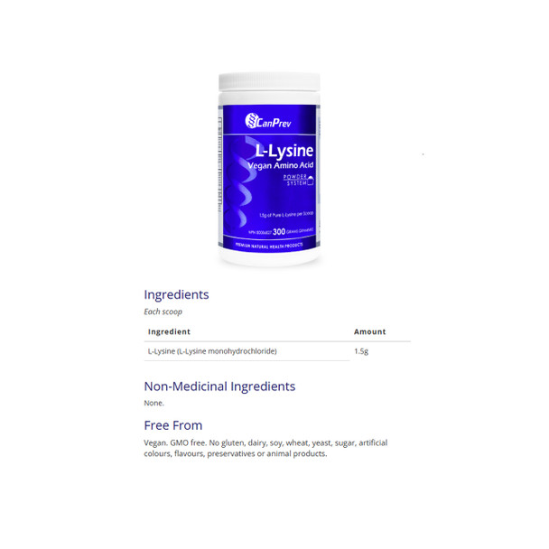 Canprev L-Lysine Vegan Amino Acid 300g Ingredients | Optimize Nutrition