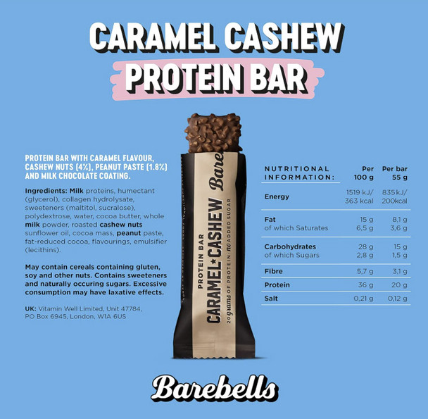 Barebells Protein Bar 12 pack Caramel Cashew Nutrition Facts | Optimize Nutrition