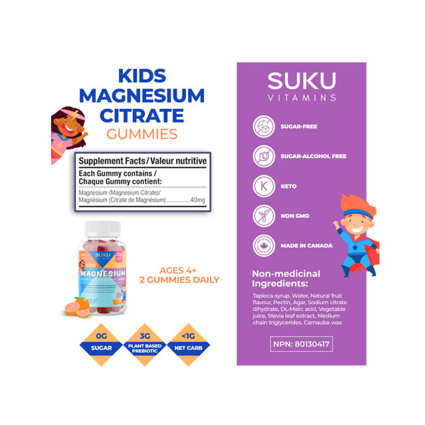Suku Kid's Magnesium Citrate 80mg 60 Gummies Nutritional Facts | Optimize Nutrition