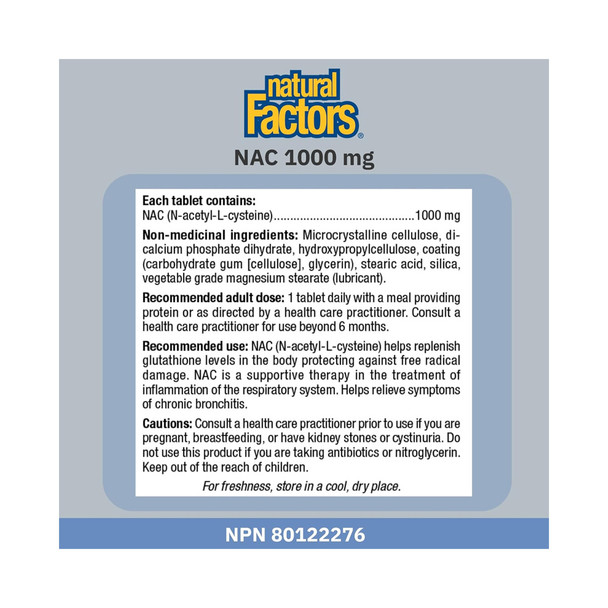Natural Factors N-Acetyl-L-Cysteine (NAC) 1000mg 90Tab Ingredients | Optimize Nutrition