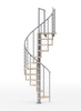 gray steel spiral staircase with laminate wood treads