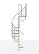 White steel spiral staircase with laminate wood treads