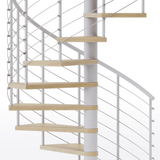 code compliant white steel spiral staircase kit with laminate wood treads and line rail
