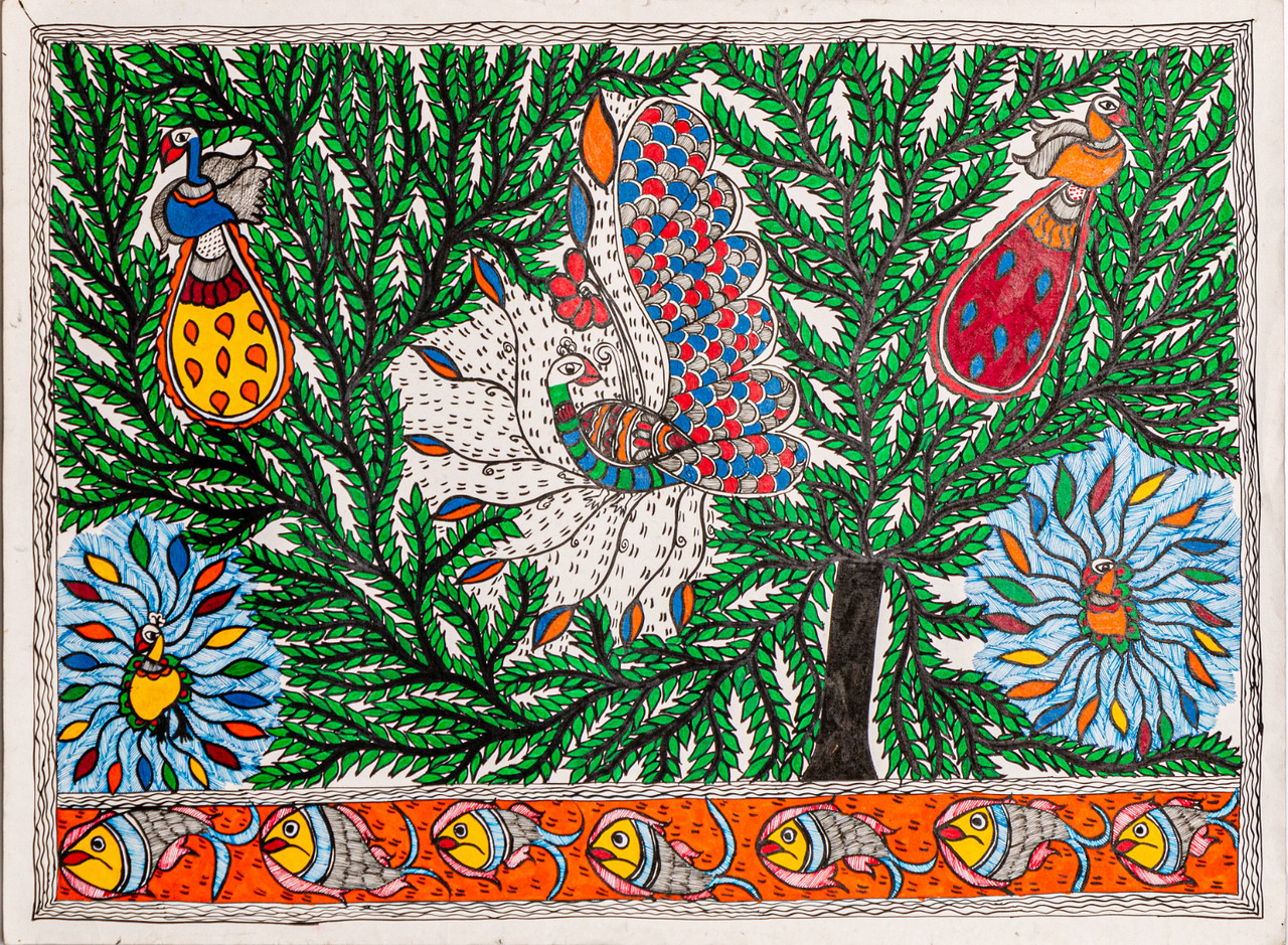 Set of 2 Madhubani Hand Painted Fish & Peacock Wall Hanging