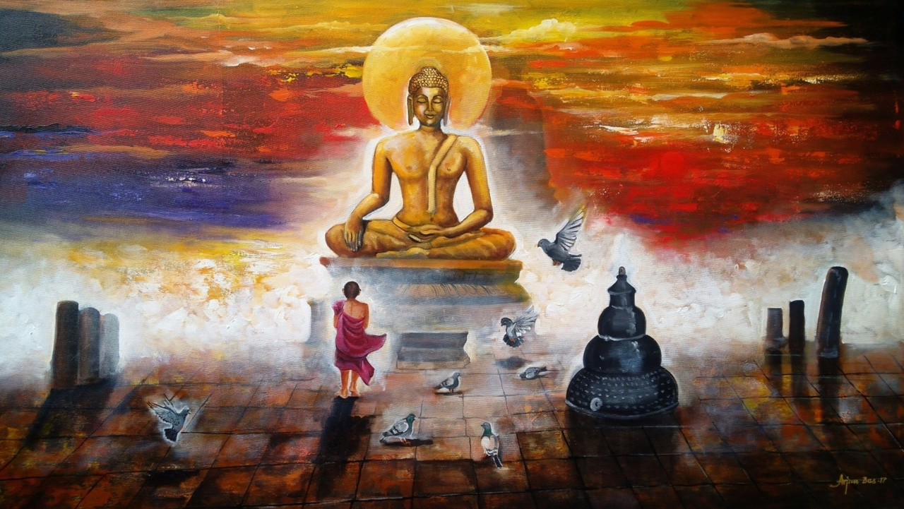 Buy buddha and monk child # 6 Handmade Painting by Arjun Das. Code:ART