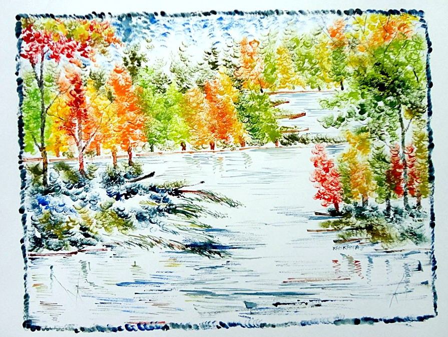 Scenery Art 03 13in X 11in Art Kapl35 1311 Mixed Media Fingerprint Work Houses Tents Landscape Nature Tree