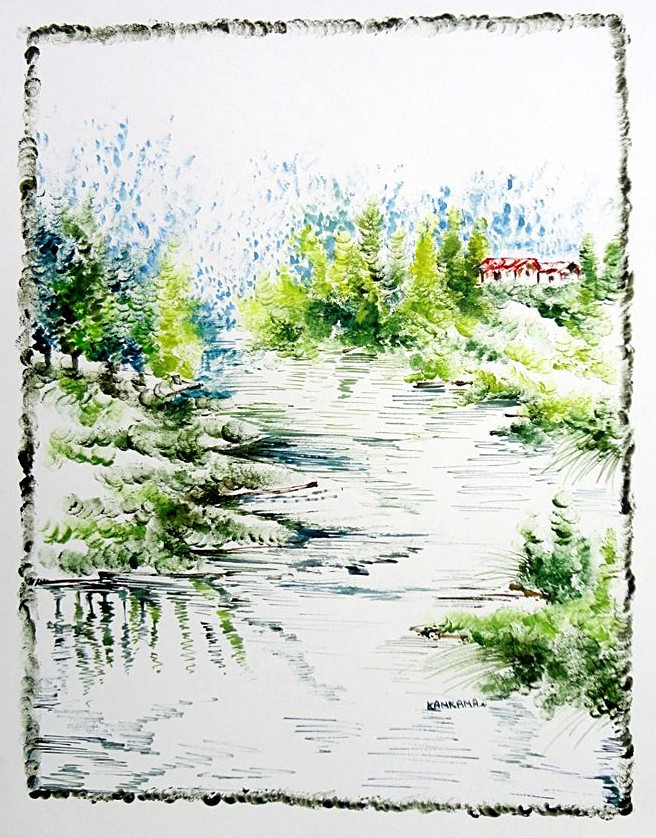 Scenery Art 14 11in X 13in Art Kapl46 1113 Mixed Media Fingerprint Work Houses Tents Landscape Nature Tree