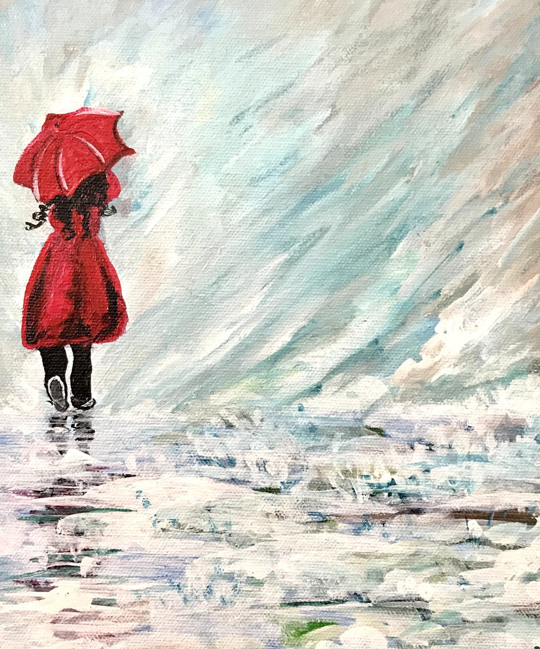Girl In Rain Art397624968 Handpainted Art Painting 9in X 11in Framed