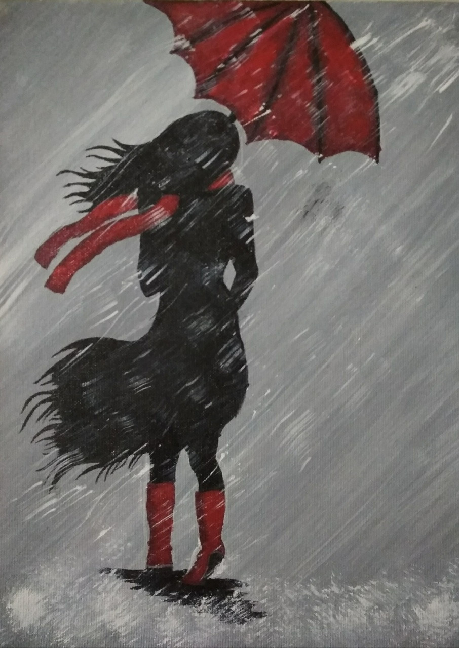 Girl In Rain Art396628788 Handpainted Art Painting 12in X 16in Framed