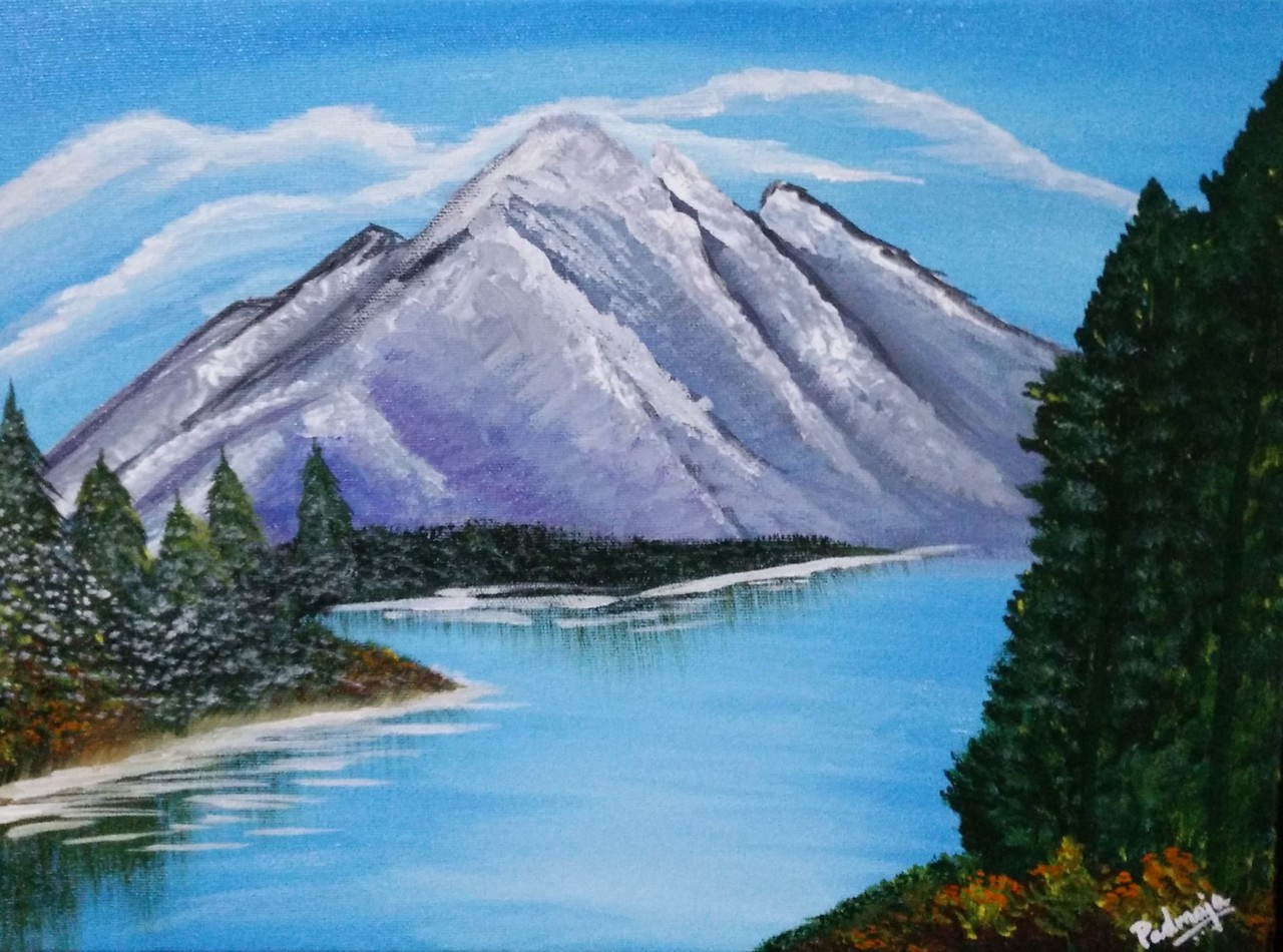 Buy Snowy Mountains and river Handmade Painting by PADMAJA SUNDER. Code