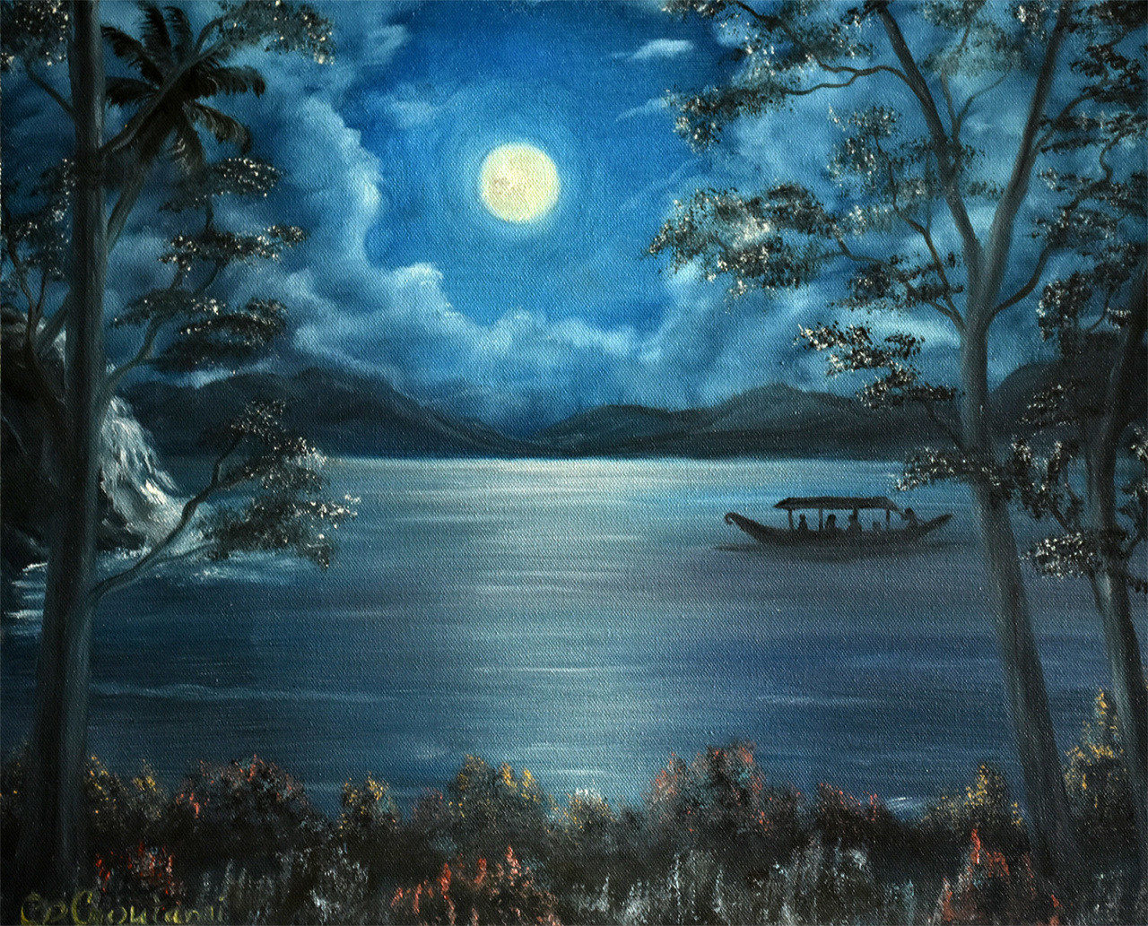 Buy Boating in full moon Handmade Painting by GOUTAMI MISHRA. Code:ART_976_6457 - Paintings for ...