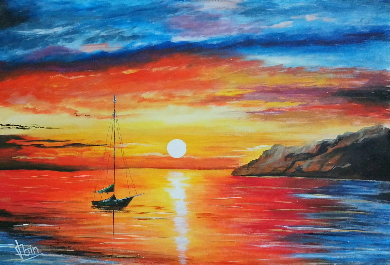 Buy Shiny red  sky  sunset Handmade Painting  by MD MOIN 