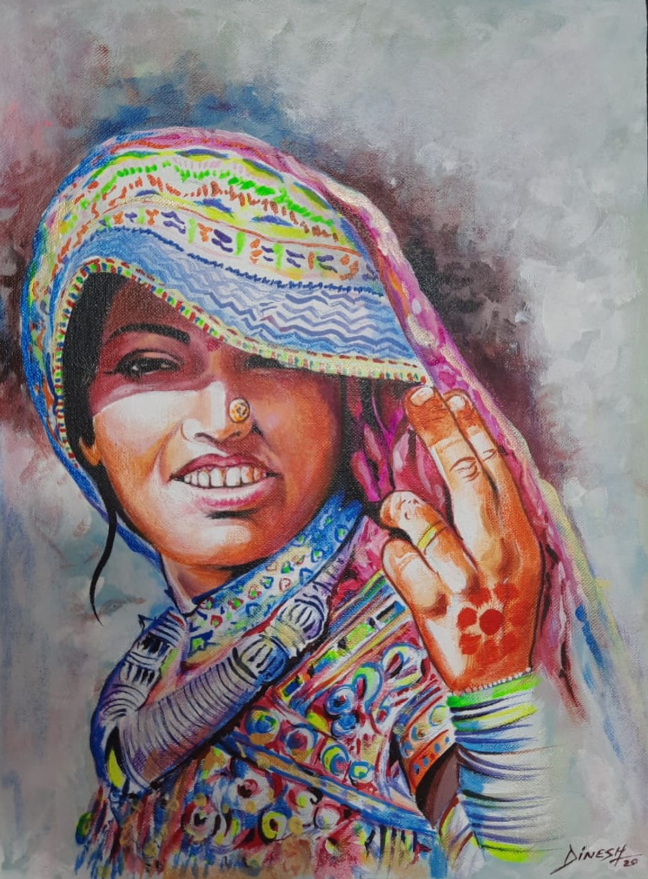 Buy Handmade Painting On Canvas Hand Painting Rajasthani Village Woman Handmade Painting By Manish Vaishnav Code Art 7555 Paintings For Sale Online In India