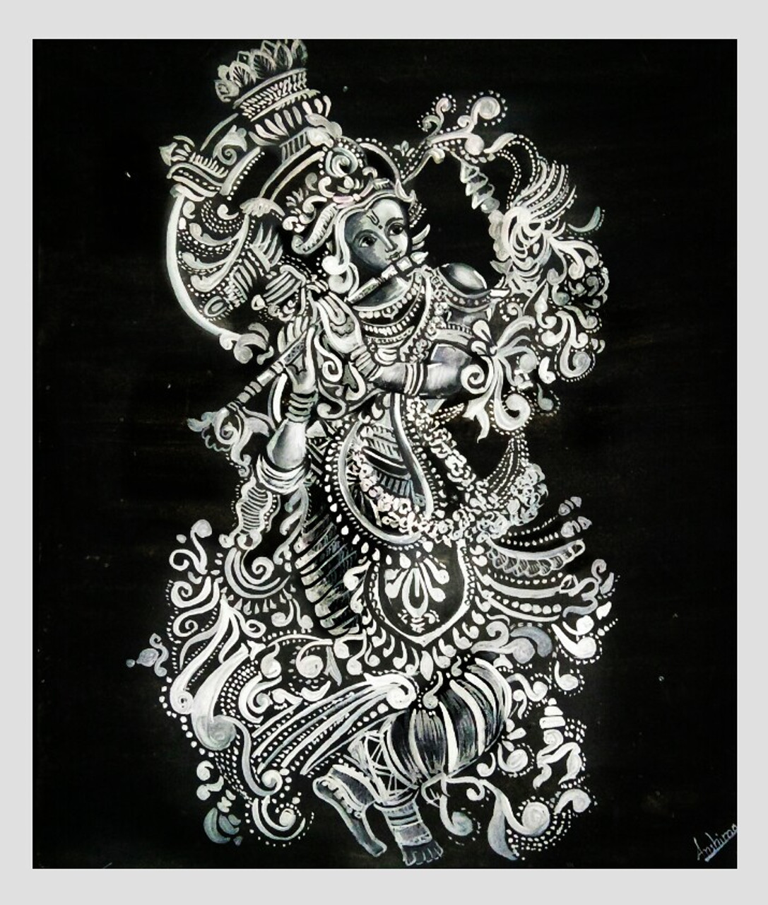 Buy Black and white Krishna mural painting Handmade Painting by ...