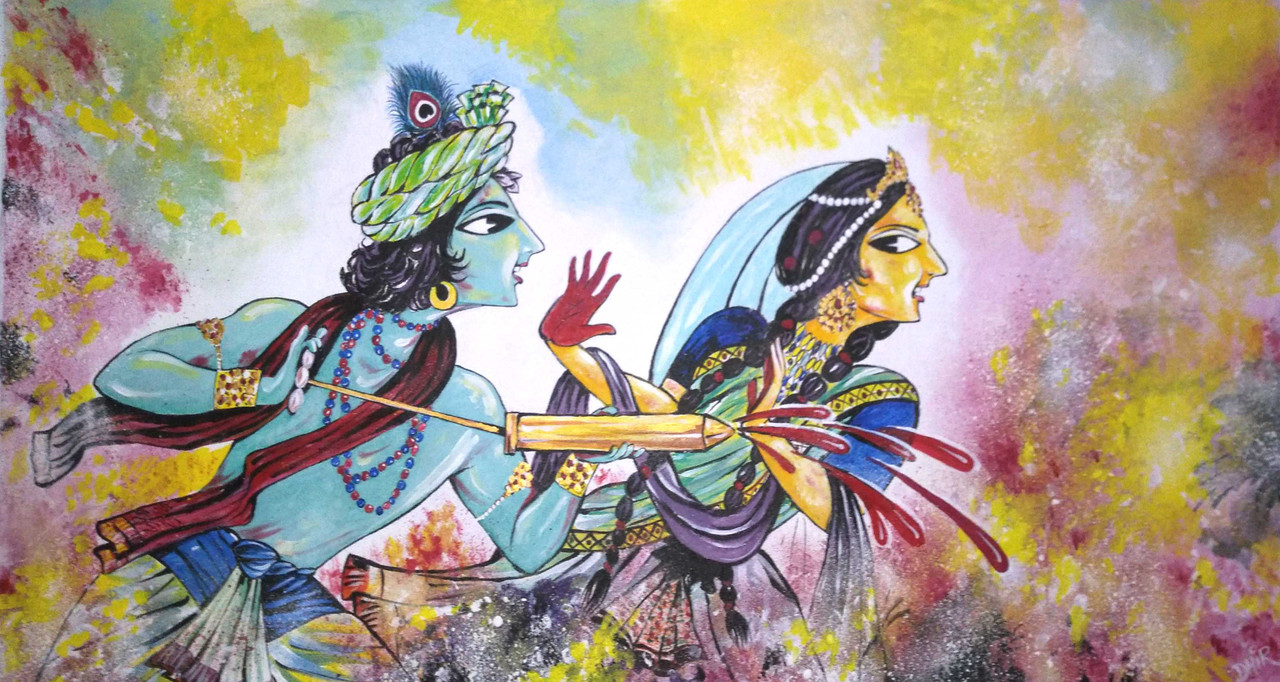 Buy Radha-Krishna playing colourful Holi Handmade Painting by ...