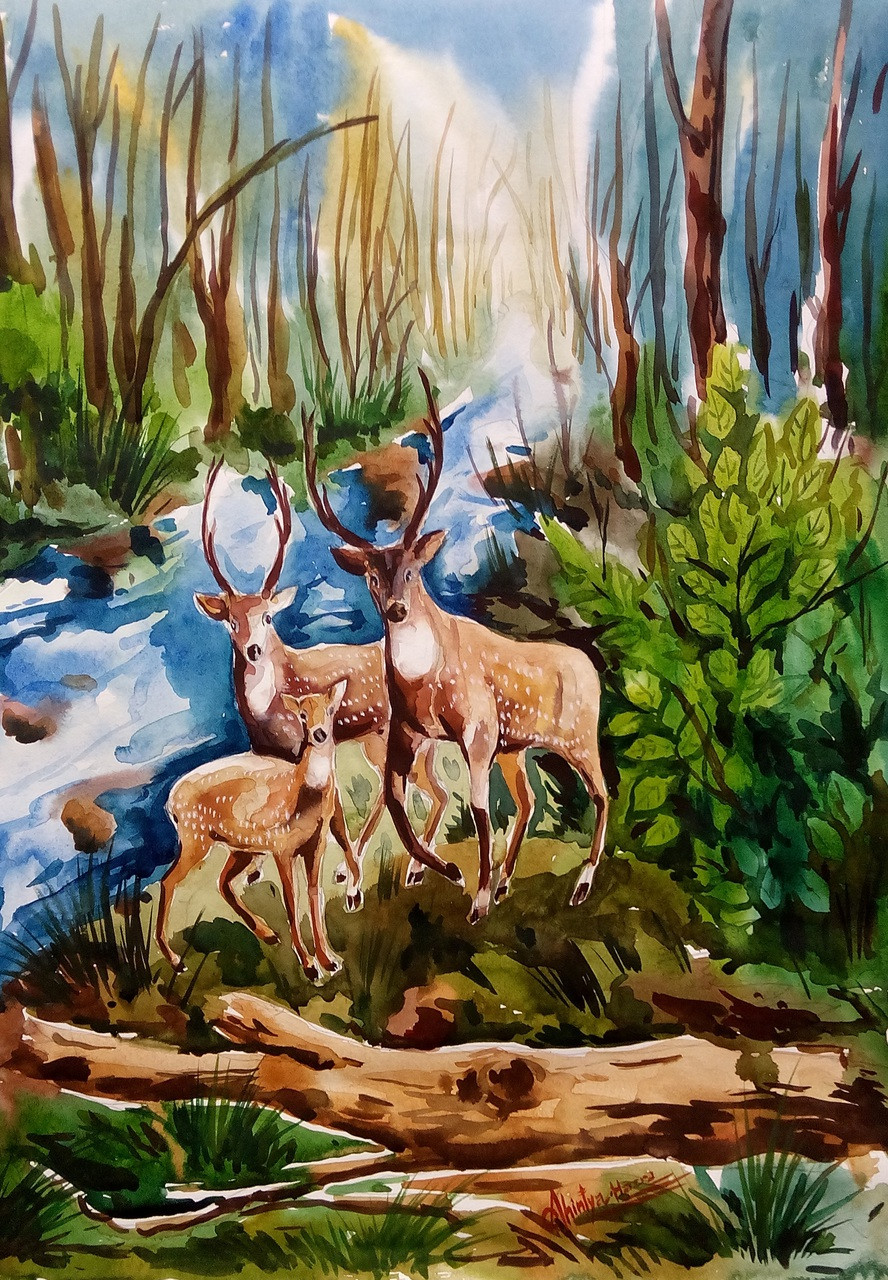 Buy Deer Family Of India By Achintya Hazra Rs 3090 Code Art Aaha14 1420 Shop Art Paintings Online In India