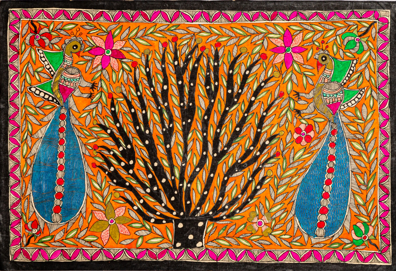 Buy Madhubani Peacock And Tree Handmade Painting by COMMUNITY ARTISTS ...