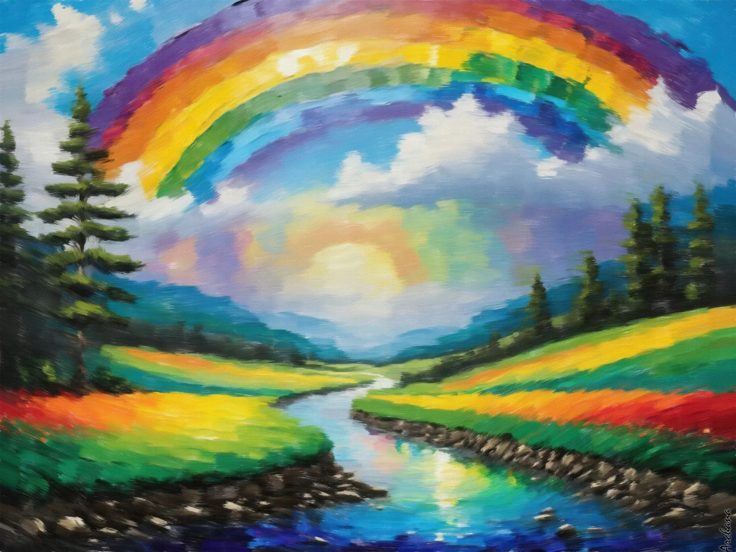 Chase The Rainbow Vibrant Rainbow Landscape Impressionistic Landscape  Canvas Art Print